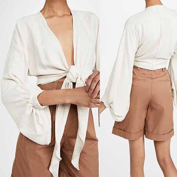 NEW Just Bee Queen Adri Wrap Tie Balloon Sleeve Cropped Cream Top in Natural - Picture 1 of 9